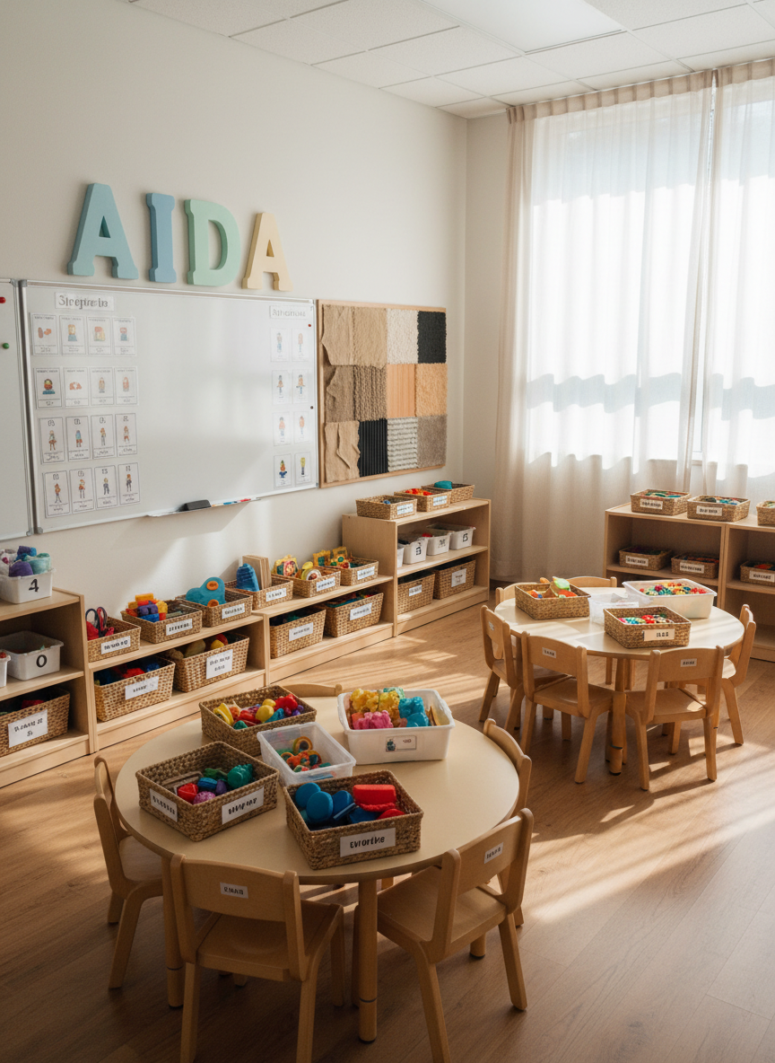 A sunlit classroom designed for special education, with low, rounded wooden tables and colorful, textured learning materials neatly arranged in labeled baskets. Visual schedules with clear pictograms are magnetically attached to a whiteboard, beside large foam letters spelling “AIDA” in soft blues and greens. In the background, sensory panels with fabric, wood, and rubber invite tactile exploration. Natural daylight enters through a wide window with sheer curtains, casting soft, even light and gentle shadows. Photographic realism, shot at eye level with a slight wide-angle lens, sharp focus throughout, conveying a professional yet warm atmosphere that feels structured, inclusive, and safe.