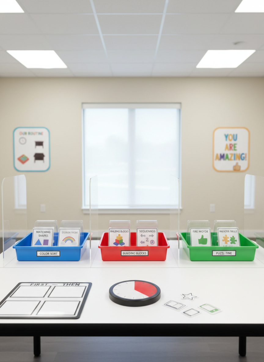 A structured work area for individualized learning, with a sturdy white desk divided into clear sections by low, transparent acrylic dividers. On the surface, color-coded trays contain step-by-step task boxes, each with high-contrast labels and simple pictograms. A visual timer with a bright red countdown disk sits near the edge, beside a laminated “First – Then” board with Velcro symbols. The surrounding walls feature minimal, uncluttered posters emphasizing routines and positive reinforcement. Cool, even overhead lighting reduces glare, complemented by subtle natural light from a distant window. Photographic realism, slightly elevated angle, sharp focus, portraying an organized, predictable environment ideal for concentration and special educational support.