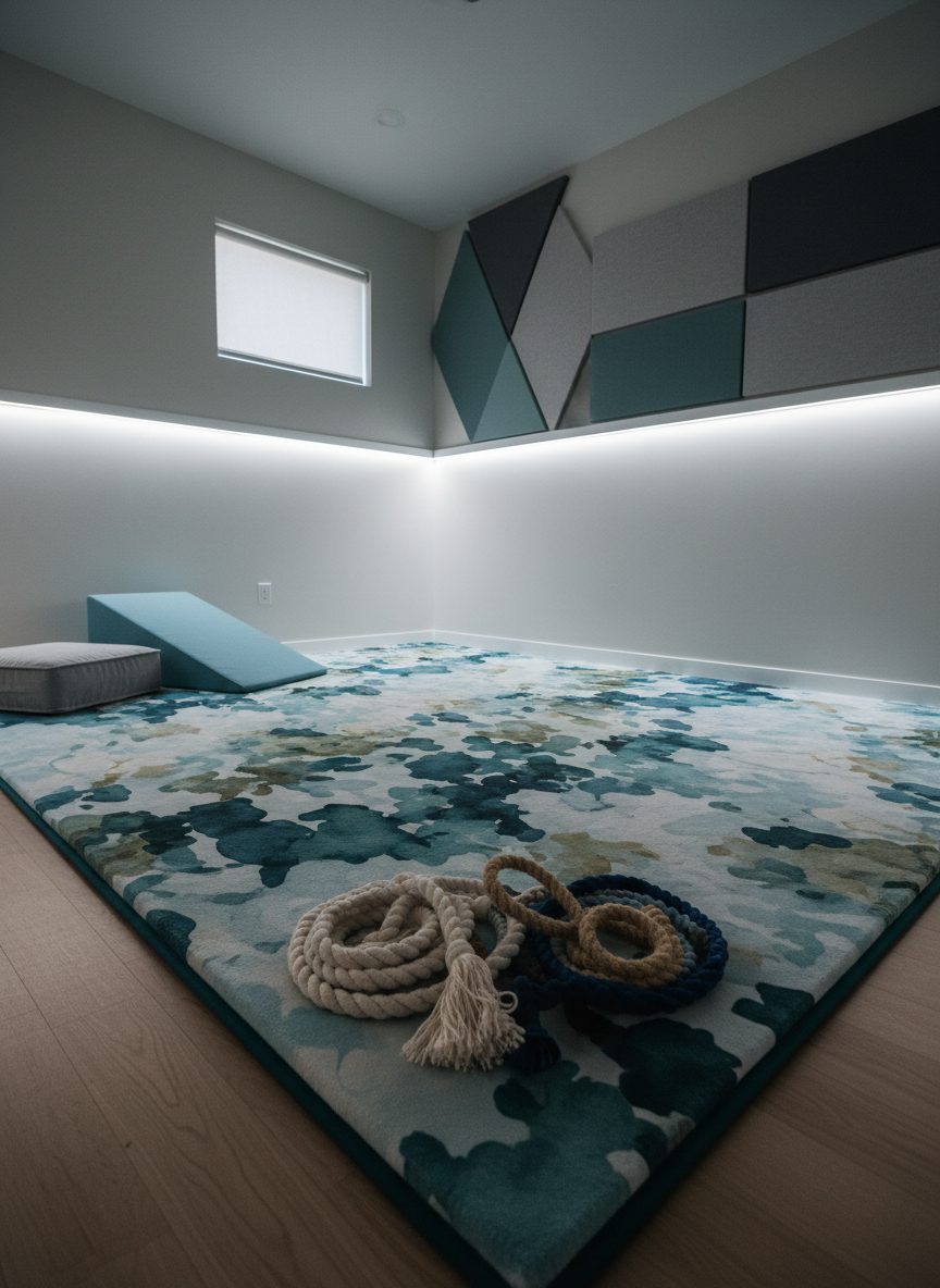 A dedicated sensory room with a large, cushioned floor mat in muted blues and greens, surrounded by carefully selected sensory tools: a low, soft foam ramp, a vibrating cushion, and neatly coiled tactile ropes with varied textures. Along one wall, dimmable LED strip lights emit a gentle, adjustable glow, currently set to a soothing cool white. Acoustic panels in geometric shapes soften the sound and add visual interest without overwhelming. The room is otherwise dim, with a single small window covered by a light-filtering shade, creating a controlled, calming environment. Photographic realism, wide-angle lens, captured from a corner to show the full layout, evoking a sense of safety, regulation, and professional care.
