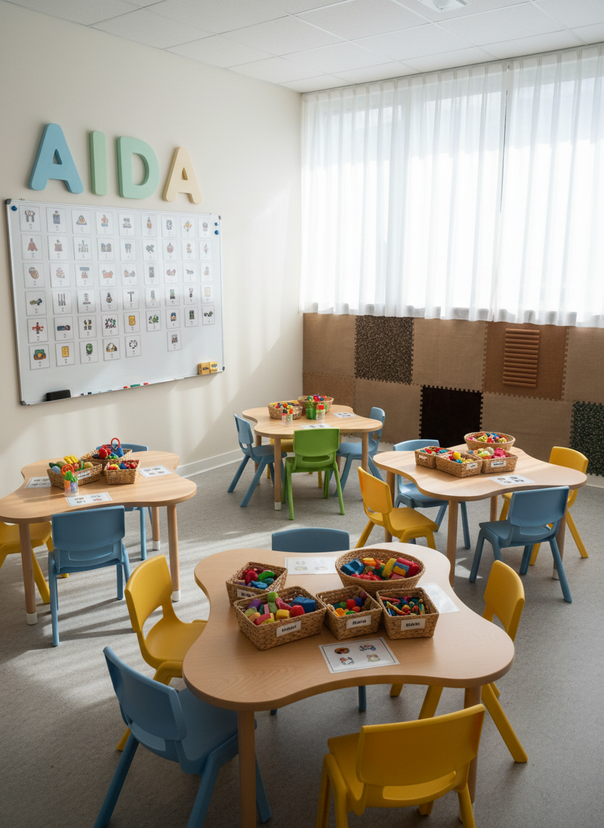A sunlit classroom designed for special education, with low, rounded wooden tables and colorful, textured learning materials neatly arranged in labeled baskets. Visual schedules with clear pictograms are magnetically attached to a whiteboard, beside large foam letters spelling “AIDA” in soft blues and greens. In the background, sensory panels with fabric, wood, and rubber invite tactile exploration. Natural daylight enters through a wide window with sheer curtains, casting soft, even light and gentle shadows. Photographic realism, shot at eye level with a slight wide-angle lens, sharp focus throughout, conveying a professional yet warm atmosphere that feels structured, inclusive, and safe.
