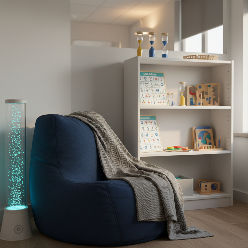 A calm therapy corner in a special education center, featuring a large navy-blue beanbag chair with a soft, matte fabric surface and a weighted gray blanket folded over the side. Nearby, a sturdy white bookshelf holds neatly arranged communication boards, visual timers, and simple, colorful puzzles. A bubble tube lamp glows gently in one corner, adding a soothing blue hue to the otherwise neutral room. Soft, diffused afternoon light filters in, balanced with warm overhead lighting. Photographic realism, composed using the rule of thirds, with a shallow depth of field that keeps the sensory corner in crisp focus while the rest of the room blurs into a peaceful, professional backdrop.