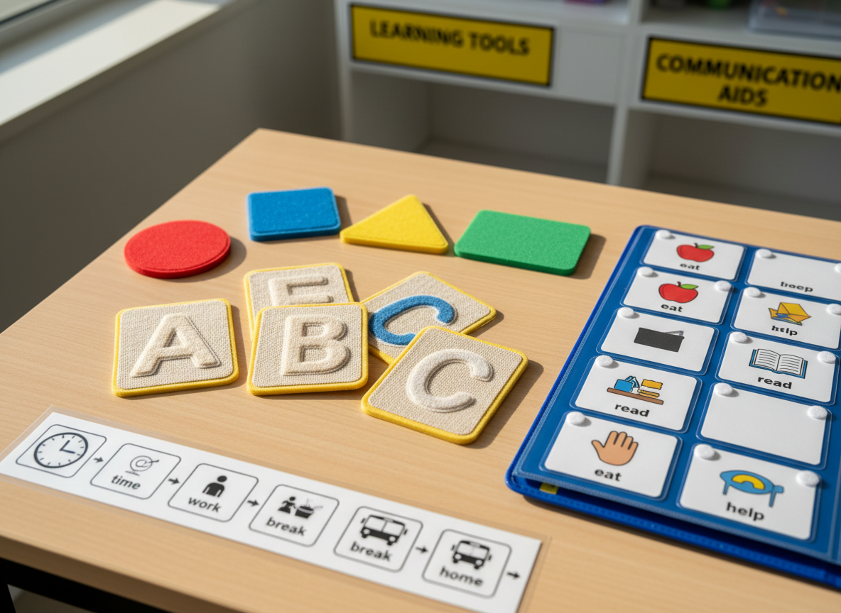 A close-up view of specialized educational materials spread across a light birch table: textured alphabet cards with raised letters, brightly colored geometric shapes with rubberized edges, and a communication binder with Velcro-backed picture symbols neatly organized. A visual schedule strip with clear icons runs along the table’s edge. The background shows a softly blurred shelving unit labeled with large, high-contrast signs. Natural side lighting from a nearby window creates delicate highlights on laminated surfaces and gentle shadows between objects. Photographic realism with a top-down, slightly angled composition, emphasizing order, accessibility, and the careful planning of individualized educational support in a professional setting.