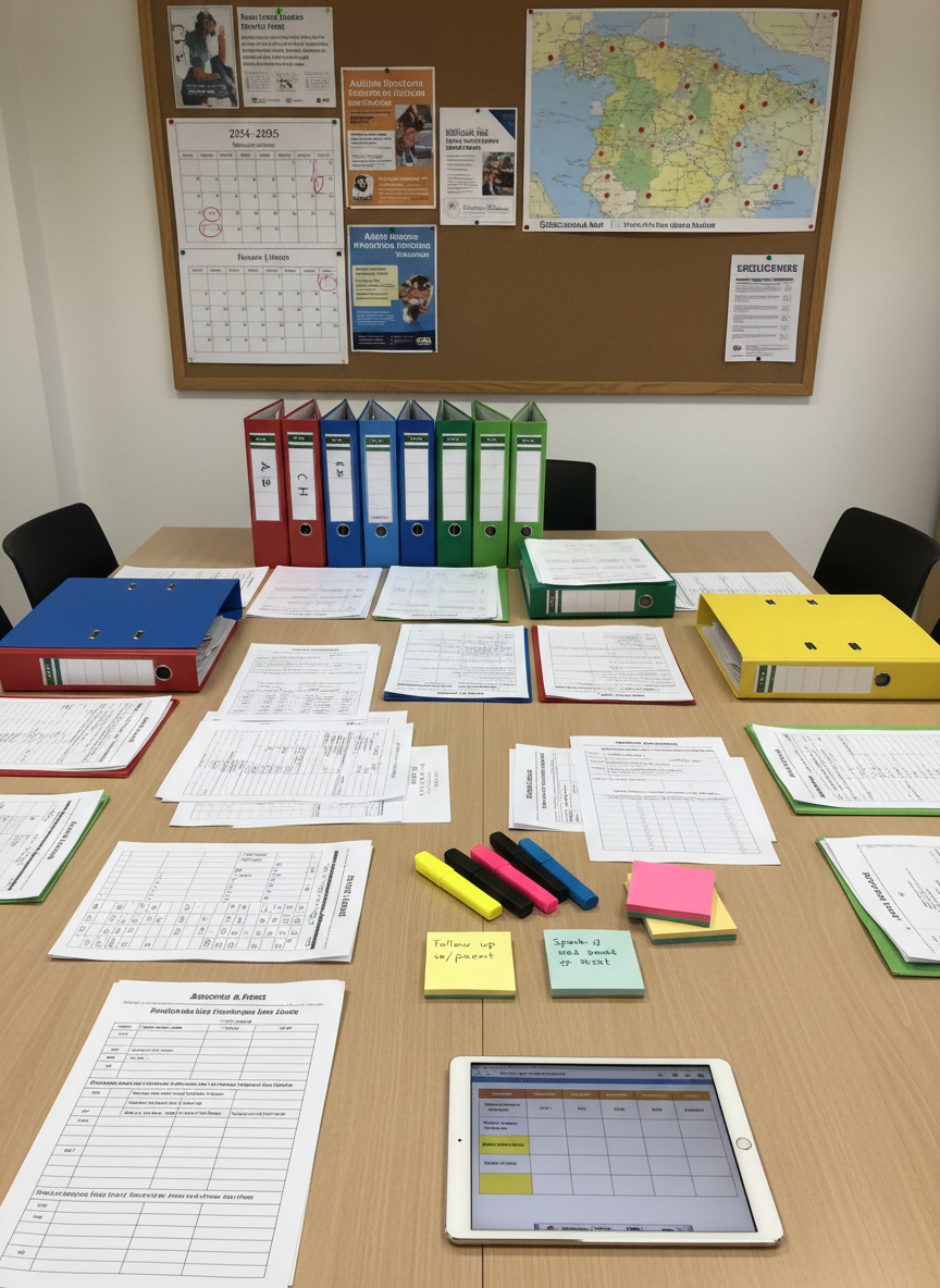 A resource planning table in a staff meeting room, covered with printed individualized education plans, color-coded binders labeled by student initials, and neatly arranged assessment tools such as checklists and observation forms. Highlighters, sticky notes, and a digital tablet displaying a structured timetable rest on the smooth, light oak surface. In the background, a large corkboard holds a clear yearly calendar, training flyers, and a map of Roquetas de Mar marked with school locations. Bright, neutral overhead lighting creates an efficient, professional ambience. Photographic realism, shot from an overhead perspective with balanced composition, emphasizing the meticulous organization and collaborative planning behind special education services.